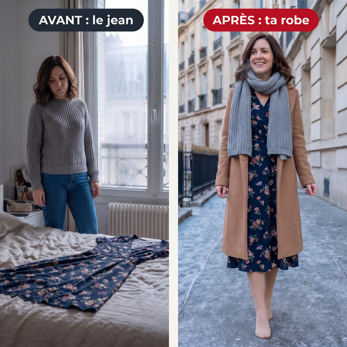 Avant : le jean. Après : ta robe, avec le collant effet peau